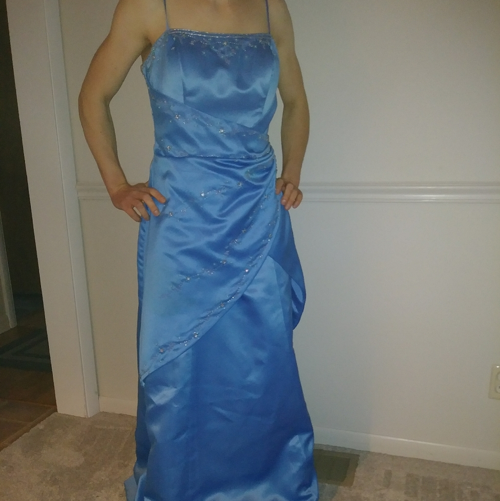 Spaghetti strap.rhinestones.Formal Blue.Crinoline. Wrap across front.